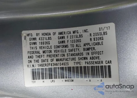2017 Honda Accord Ex-L from USA, damaged, VIN 1HGCR2F83HA154625